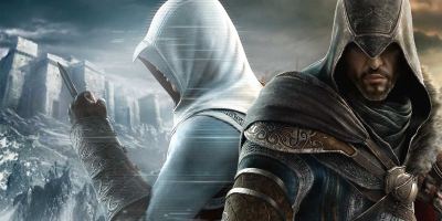 Ezio, hooded assassin, faces the viewer directly, his eyes shrouded from view. To his left, a ghostly Altair readies for combat, facing the left towards a spectral Masyaf, the ancient Assassin fortress.