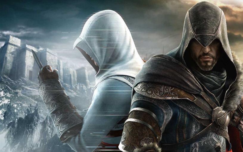 Ezio, hooded assassin, faces the viewer directly, his eyes shrouded from view. To his left, a ghostly Altair readies for combat, facing the left towards a spectral Masyaf, the ancient Assassin fortress.